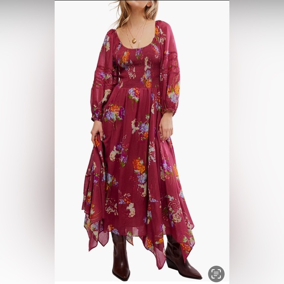 Free People Morning Glory Floral Smocked Burgundy  Long Sleeve Dress NWT M - Picture 1 of 9